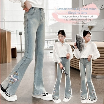 Lányoknak szánt farmernadrág, középmagas derekú, széles lábú, virágos mintázat, 70% pamut, 8 éves kortól