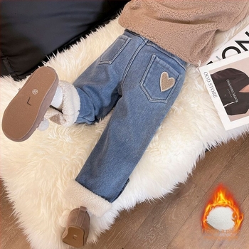 Lányoknak készült plüss belsővel ellátott farmernadrág, magas derekú, téli, denim/pamut 70–80%