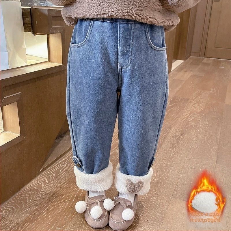 Lányoknak készült plüss belsővel ellátott farmernadrág, magas derekú, téli, denim/pamut 70–80%