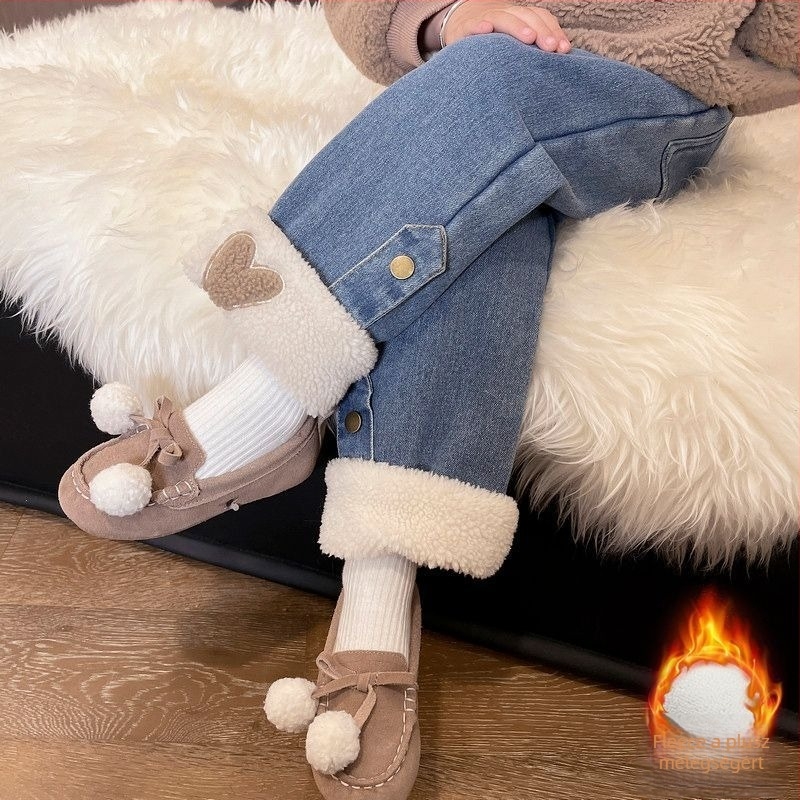 Lányoknak készült plüss belsővel ellátott farmernadrág, magas derekú, téli, denim/pamut 70–80%
