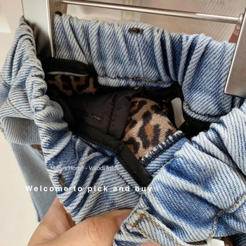 Leopárd mintás farmer lányoknak, fleece-borítású, téli vastag egyenes szabású nadrág