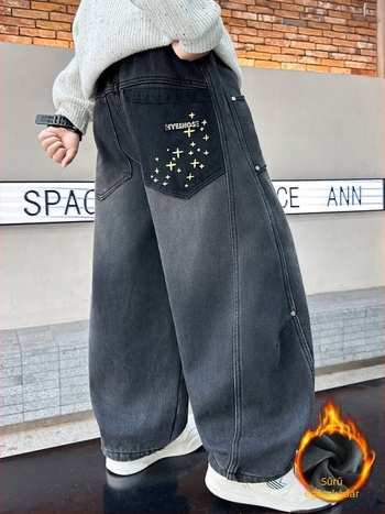 Fiúknak fleece-béléssel ellátott farmernadrág, koreai stílusú, 70,8% pamut, vastag téli viselet, középtalpas derék, 8 év feletti gyermekeknek