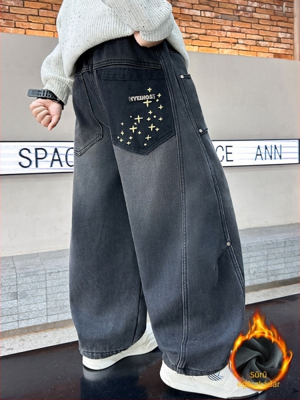 Fiúknak fleece-béléssel ellátott farmernadrág, koreai stílusú, 70,8% pamut, vastag téli viselet, középtalpas derék, 8 év feletti gyermekeknek