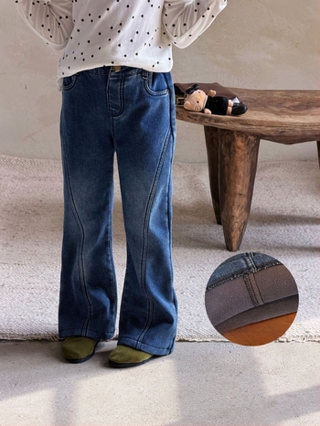 Gyerekeknek készült fleece-béléssel ellátott farmernadrág, koreai stílus, elasztikus trapéz, középmagas derék, pamut 81–90%.