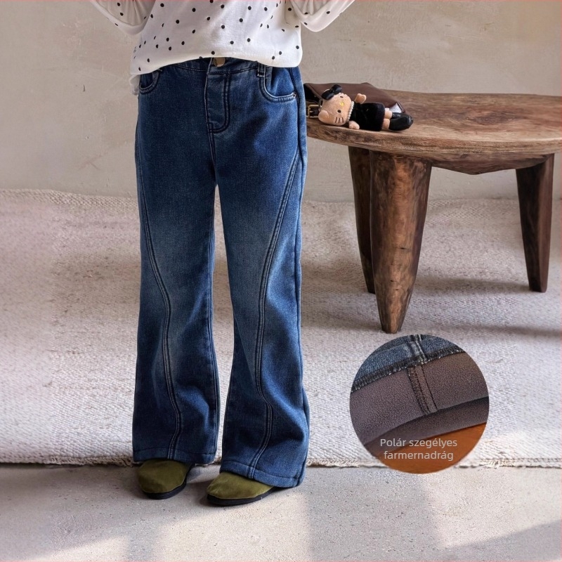 Gyerekeknek készült fleece-béléssel ellátott farmernadrág, koreai stílus, elasztikus trapéz, középmagas derék, pamut 81–90%.