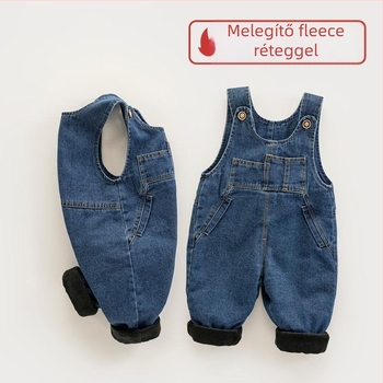 Gyerekeknek szóló denim overál fleece béléssel, őszi-téli modell (Anyag: poliészter 70–80%, Bélése: plüss, Stílus: koreai stílus, Zárás: gombos, Szezon: őszi-téli)