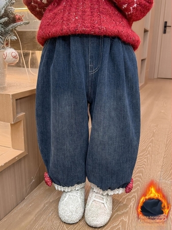 Lányoknak készült farmernadrág fleece-sel a téli időszakra, koreai stílus, hosszú, laza fazon, 3–8 éveseknek