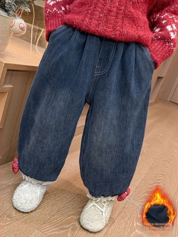 Lányoknak készült farmernadrág fleece-sel a téli időszakra, koreai stílus, hosszú, laza fazon, 3–8 éveseknek