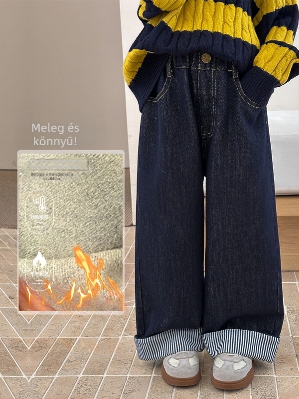 Koreai stílusú gyerek nadrág velúr flock denim csíkos, egyenes szabás