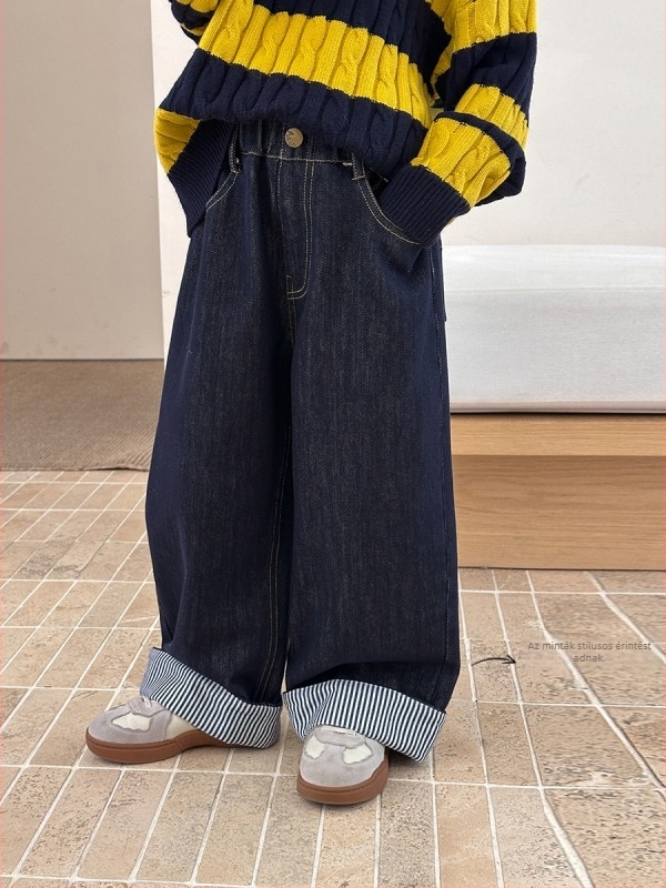 Koreai stílusú gyerek nadrág velúr flock denim csíkos, egyenes szabás