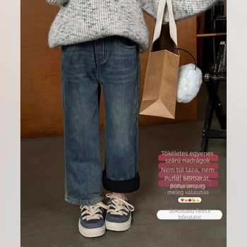 Lányoknak készült denim nadrág fleece béléssel, egyenes szabás, téli viselet, pamut 71–80%