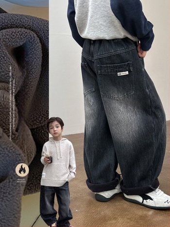 Gyerekeknek szóló téli fleece-béléssel ellátott farmernadrág, egyenes szabású, pamutkeverék 80% / 11% poliészter / 9% viszkóz