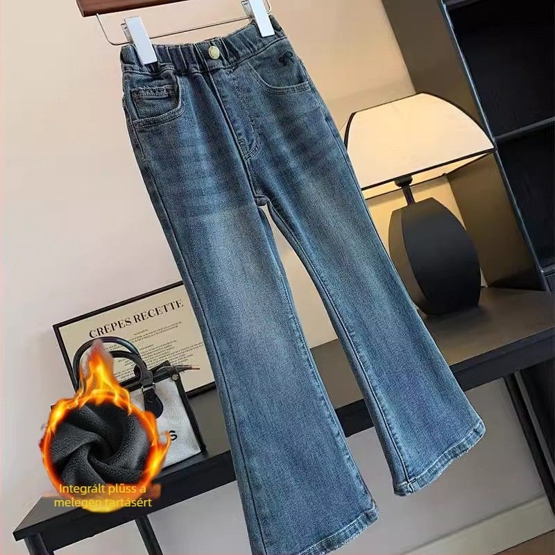 Lányoknak szóló denim nadrág, koreai stílus, középmagas derekú, pamut 30–50%, gumis szalag