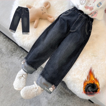 Lányoknak készült fleeces bélésű vastag farmernadrág téli, egyenes szabású, középmagas derék, elasztikus derekú