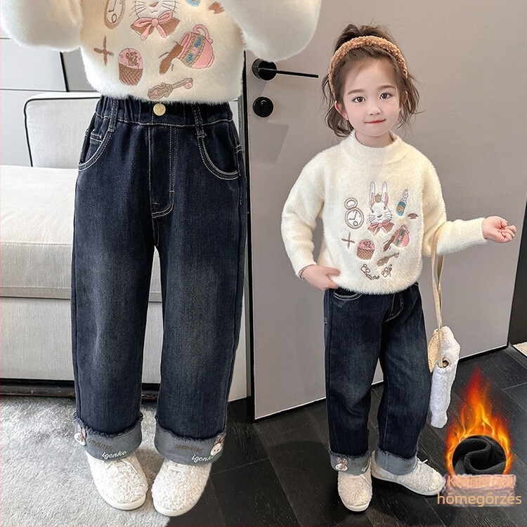 Lányoknak készült fleeces bélésű vastag farmernadrág téli, egyenes szabású, középmagas derék, elasztikus derekú