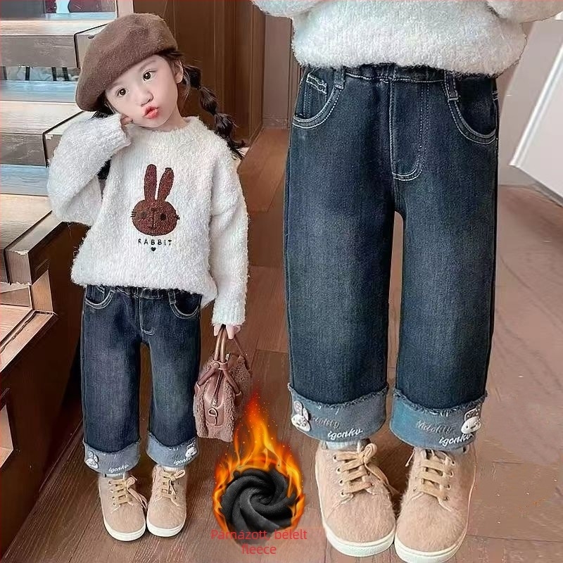 Lányoknak készült fleeces bélésű vastag farmernadrág téli, egyenes szabású, középmagas derék, elasztikus derekú