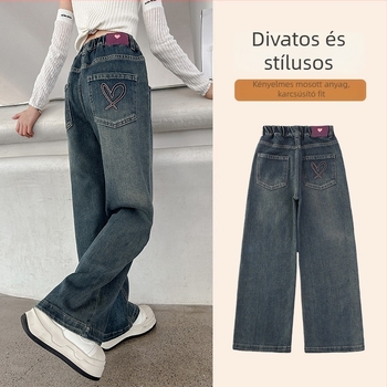 Lányoknak szóló pamut denim farmernadrág, egyenes-széles fazon, középső derékrész, puha kezeléssel kezelt anyag, egyszínű, tavasz–ősz