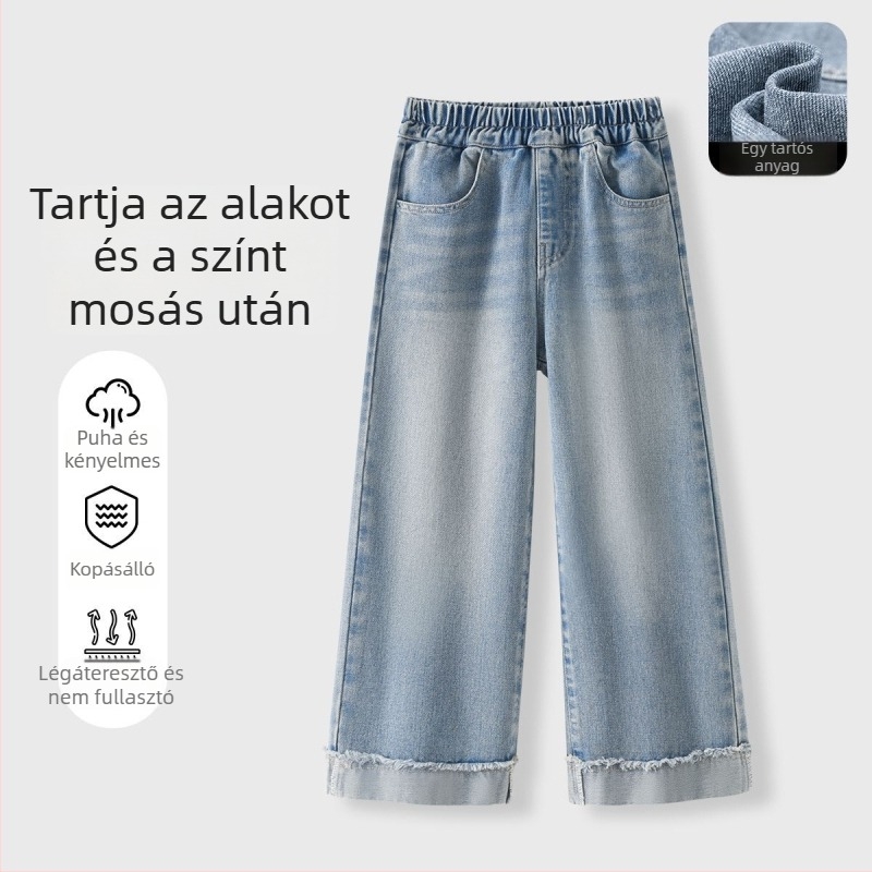 Gyerekeknek szánt denim nadrág, egyenes szárú, elasztikus derék, hajtott szegély, egyszínű, hosszú, uniszex, 35% pamut