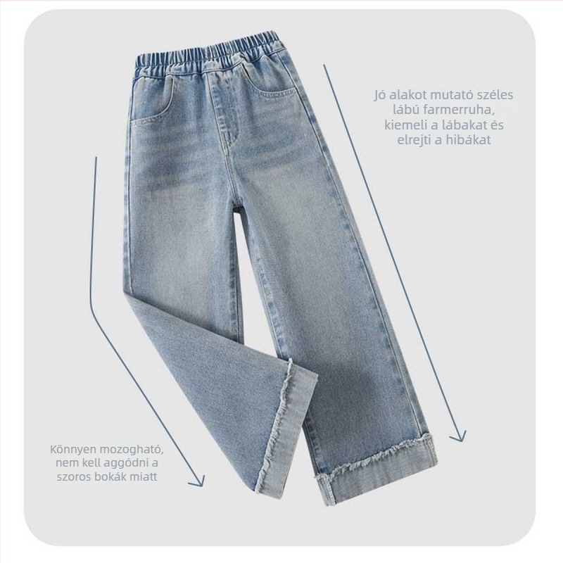 Gyerekeknek szánt denim nadrág, egyenes szárú, elasztikus derék, hajtott szegély, egyszínű, hosszú, uniszex, 35% pamut