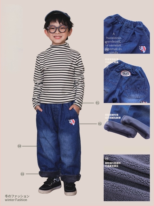 Fiúknak szóló gyerek denim nadrág, téli 2025, puha pamutból készült farmer, fleece belső réteg, vastag, rajzfilm mintával, középmagas derekú