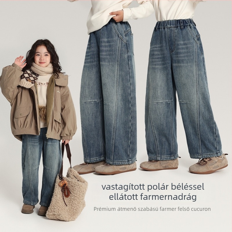Gyermekeknek szóló farmernadrág fleece-béléssel, 60% pamut, téli 2025 kiadás, 3–8 éveseknek