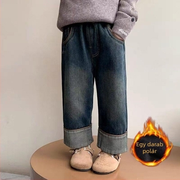Lányoknak készült téli farmernadrág fleece-béléssel, vastag bélés, elasztikus derék, felhajtott szegély, egyenes szabás