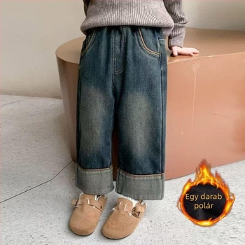 Lányoknak készült téli farmernadrág fleece-béléssel, vastag bélés, elasztikus derék, felhajtott szegély, egyenes szabás