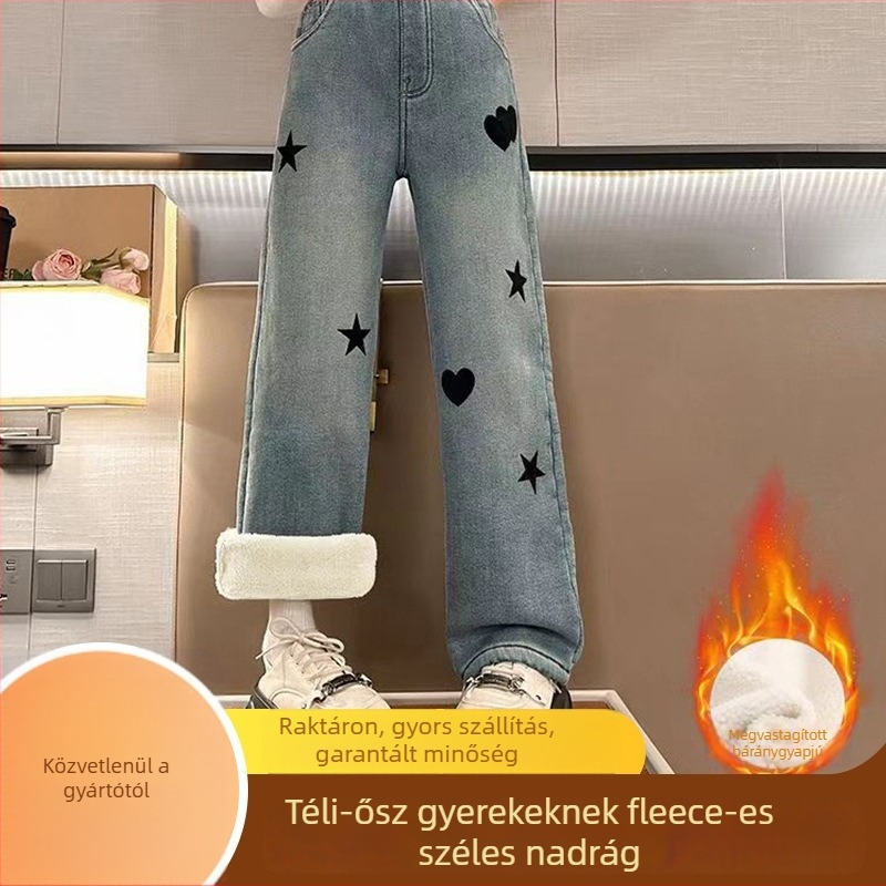 Gyerekeknek készült fleeces bélésű, széles szárú nadrág, pamut anyag, középmagas derék, 3–8 éveseknek
