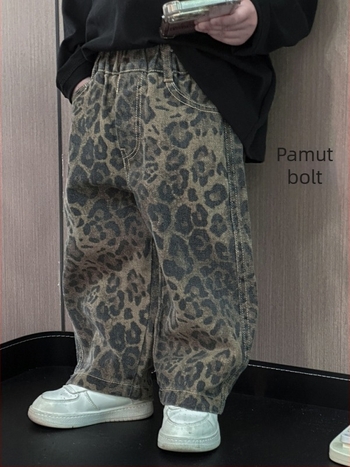 Gyermekeknek szóló nadrág leopárd mintával, koreai stílus, 100% pamut, magas derekú, 3-8 éveseknek