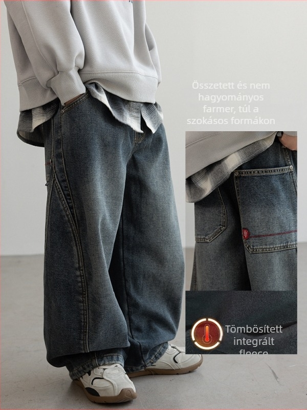 Fiúknak készült fleece‑bélelt farmernadrág, téli 2025 modell, középső derék, 65% pamut / 30% újrahasznosított pamut / 5% poliészter, puha kezelésű szövet