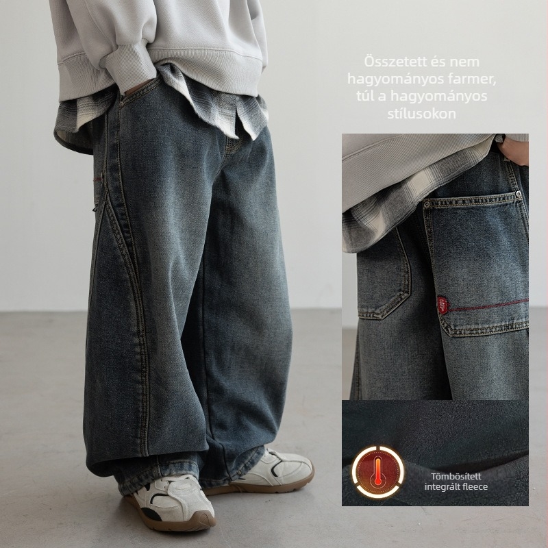 Fiúknak készült fleece‑bélelt farmernadrág, téli 2025 modell, középső derék, 65% pamut / 30% újrahasznosított pamut / 5% poliészter, puha kezelésű szövet