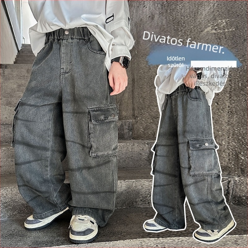 Gyerekeknek készült farmernadrág, pamut, magas derekú, elasztikus derék, laza szabás