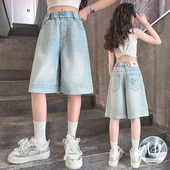 Lányoknak szóló denim nadrág szív hímzéssel, koreai stílus, elasztikus derék, 50% viszkóz