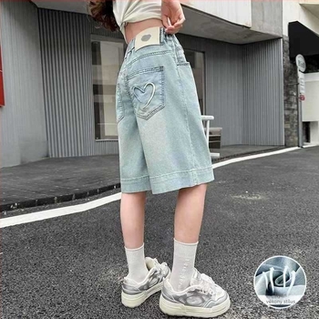 Lányoknak szóló denim nadrág szív hímzéssel, koreai stílus, elasztikus derék, 50% viszkóz