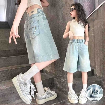 Lányoknak szóló denim nadrág szív hímzéssel, koreai stílus, elasztikus derék, 50% viszkóz
