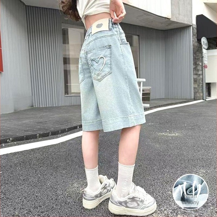 Lányoknak szóló denim nadrág szív hímzéssel, koreai stílus, elasztikus derék, 50% viszkóz