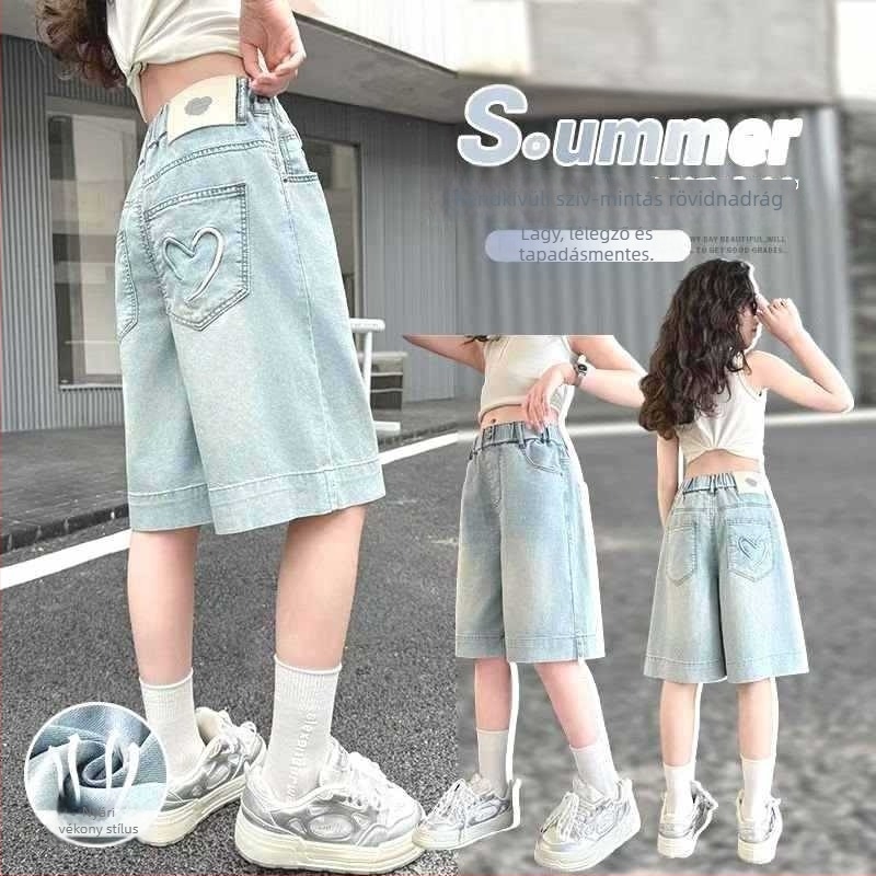 Lányoknak szóló denim nadrág szív hímzéssel, koreai stílus, elasztikus derék, 50% viszkóz