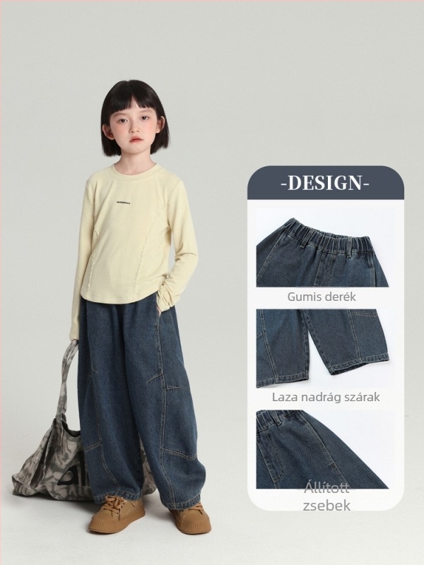 Koreai stílusú gyerek farmernadrág lányoknak, pamut, középmagas derék, ősz.