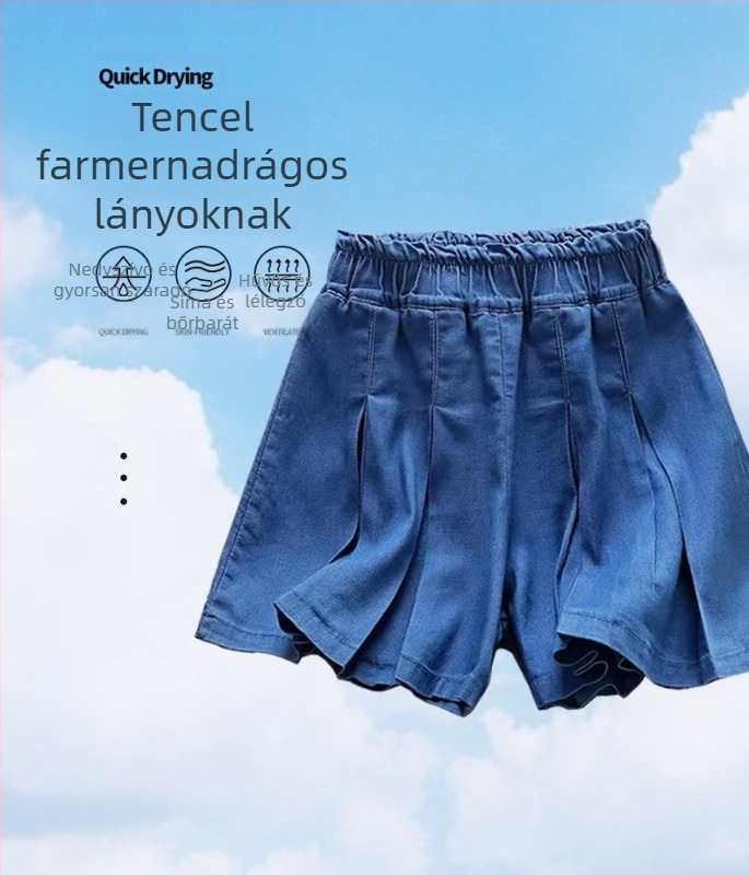 Gyerekeknek szóló denim culotte szoknya, hercegnő stílus, Lyocell anyag, pamut bélés, 3–8 éveseknek