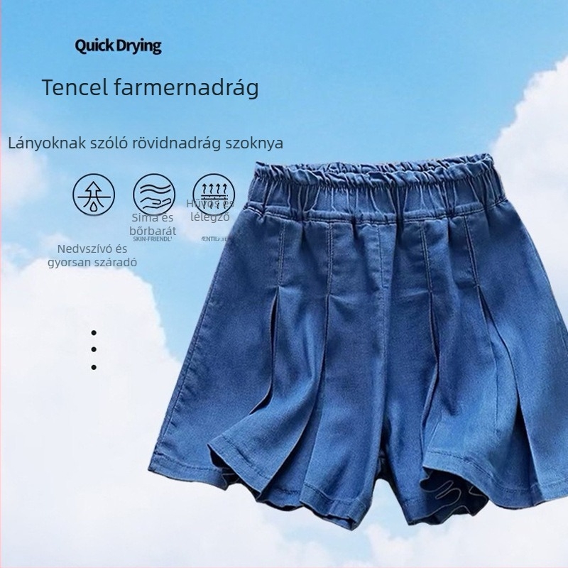 Gyerekeknek szóló denim culotte szoknya, hercegnő stílus, Lyocell anyag, pamut bélés, 3–8 éveseknek