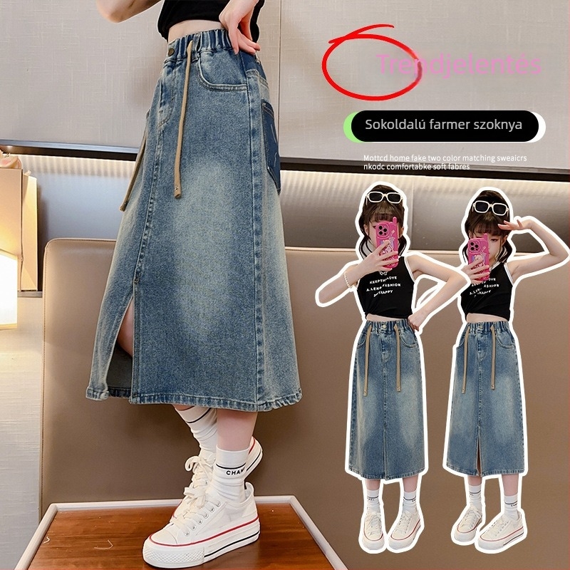 Lányoknak készült denim szoknya 2025: midi és hosszú, A-vonalú hasítékkal, gyerekruha