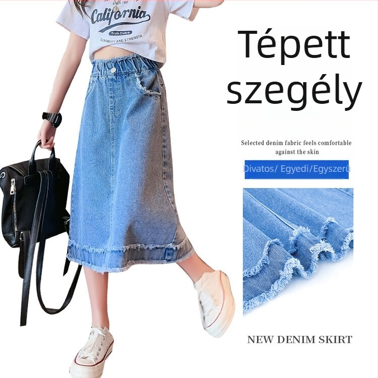 Lányoknak szóló bojtos denim midi szoknya, hercegnő stílusú (denim; 50% pamut; bélés pamut 51–70%; midi hossz; 8 év feletti és 140 cm-nél magasabb gyermekeknek)