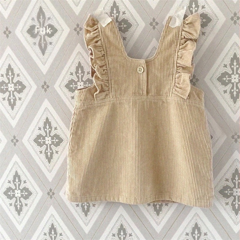 Koreai stílusú vállon átvetős ruha kislányoknak, corduroy/denim anyag, 95% pamut, bélés 100% pamut, 3–8 év (100–140 cm), ősz–tél