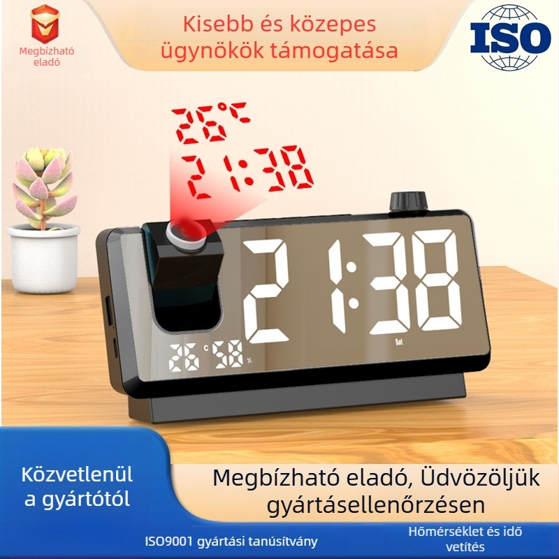 Projektoros ébresztőóra – idő, hőmérséklet és páratartalom projekcióval, LED kijelző, külső tápegység, naptár (év-hó-nap)