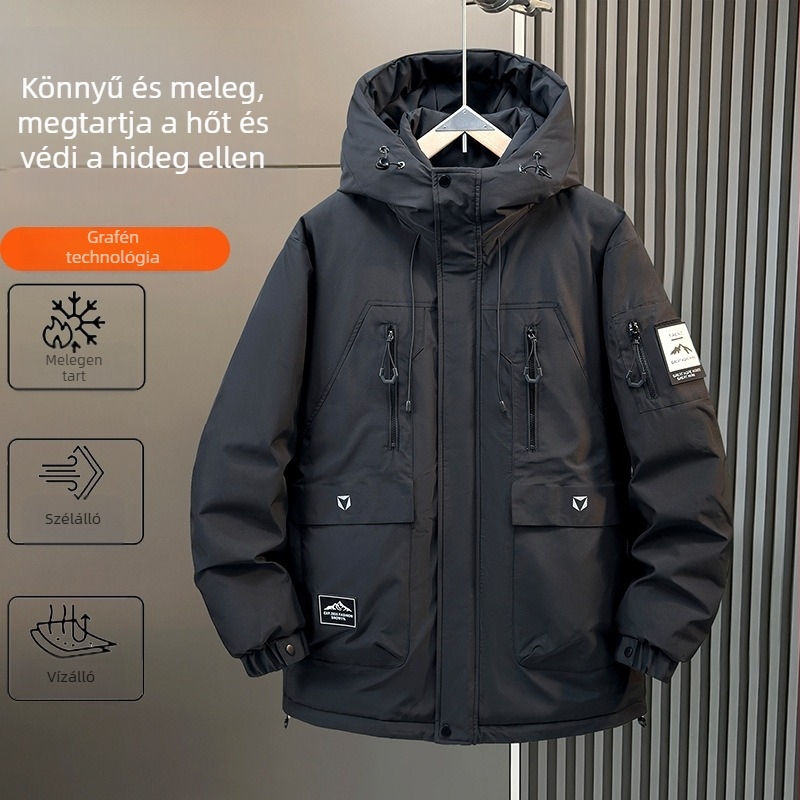 2025 téli férfi pehelykabát, koreai stílusú kapucnival, laza szabású, vastag, plusz méret