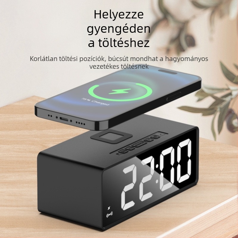 Ébresztőóra vezeték nélküli telefontöltővel, LED-digitális kijelző, naptár hónappal és hőmérővel, akkumulátorról működik