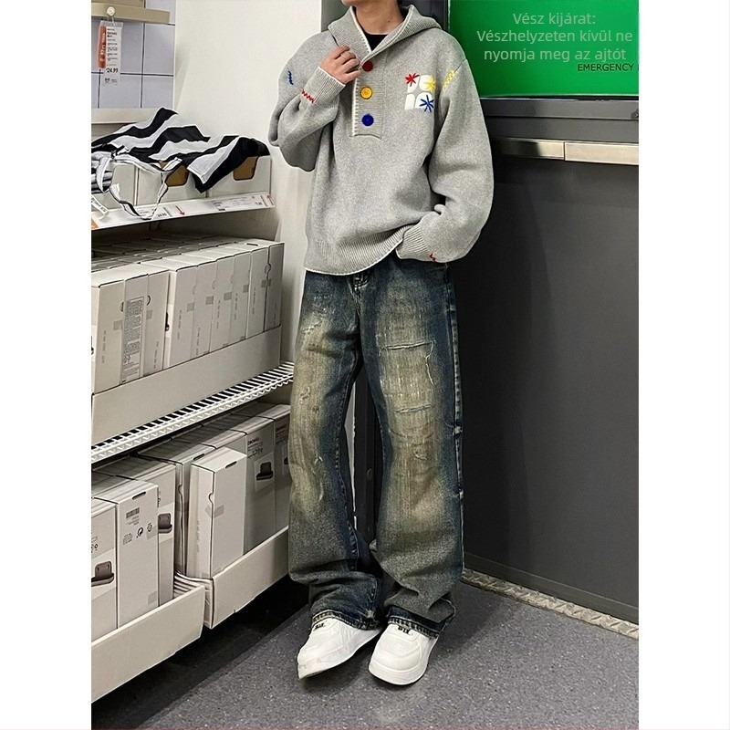 Szürke amerikai retro hímzett kapucnis pulóver férfiaknak – trendi, magas minőségű streetwear