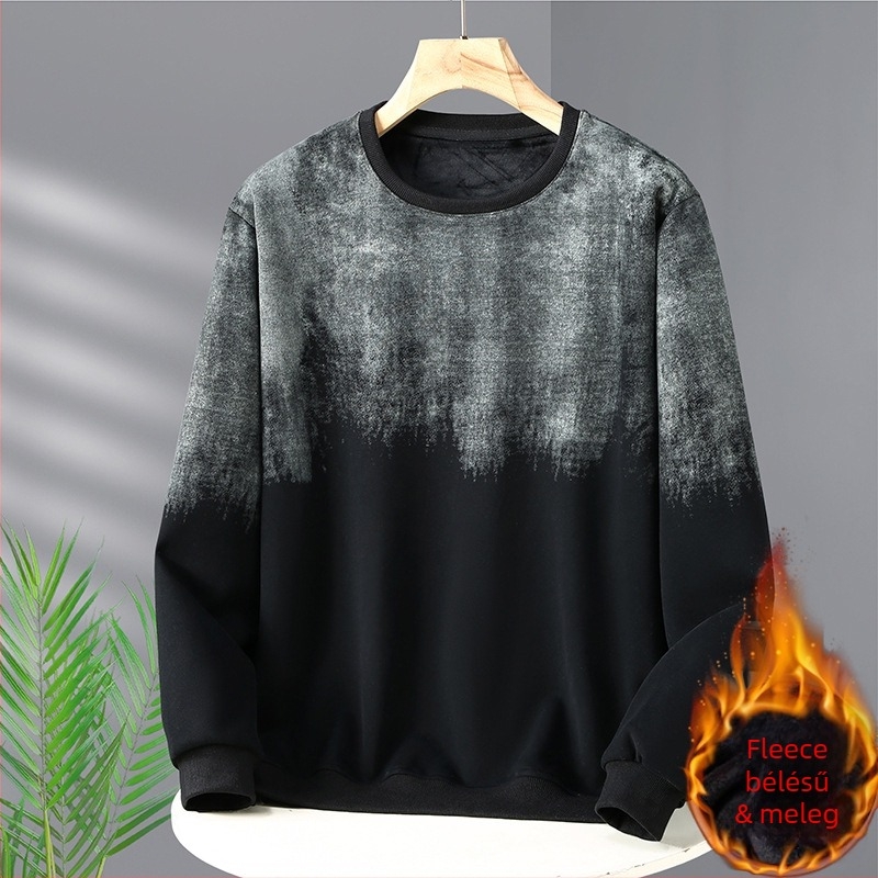 Plusz méretű férfi pulóver, téli 2024, belső fleece, laza szabás, hosszú ujjú, színblokkal