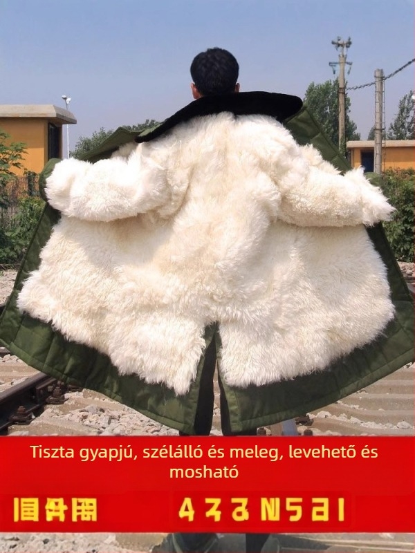 Hosszú kecskebőrből készült kabát integrált prémmel a téli melegen tartáshoz