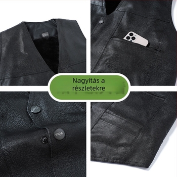 Férfi PU bőrből készült mellény fleece béléssel, őszi-téli külső, kapucni nélküli, több zseb